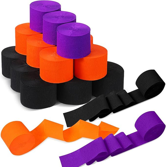 Sherr 24 Rolls Crepe Paper Streamers Hanging Party Decoration Holiday Streamers for Arty Decorations, Birthday Decorations, Wedding Decorations (Purple, Orange, Black,1.8 Inch x 98 Feet)