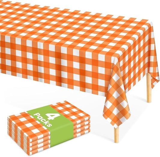 Mulbozy Orange Gingham Tablecloth 4 Pack, 54 x 108 Inch Plastic Table Cloth Disposable, Orange and White Checkered Table Cover for Party Supplies