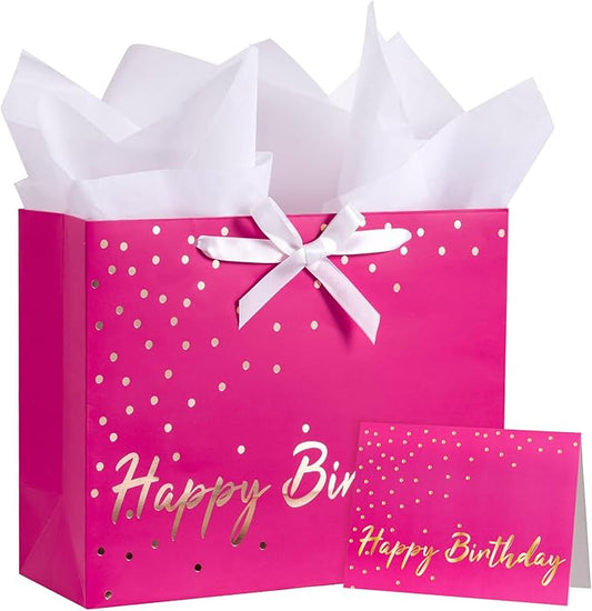 WRAPAHOLIC 13" Hot Pink Birthday Gift Bags with Tissue Paper and Card - Pink and Gold Foil Dots Bags for Girls Women Birthday Party Supplies