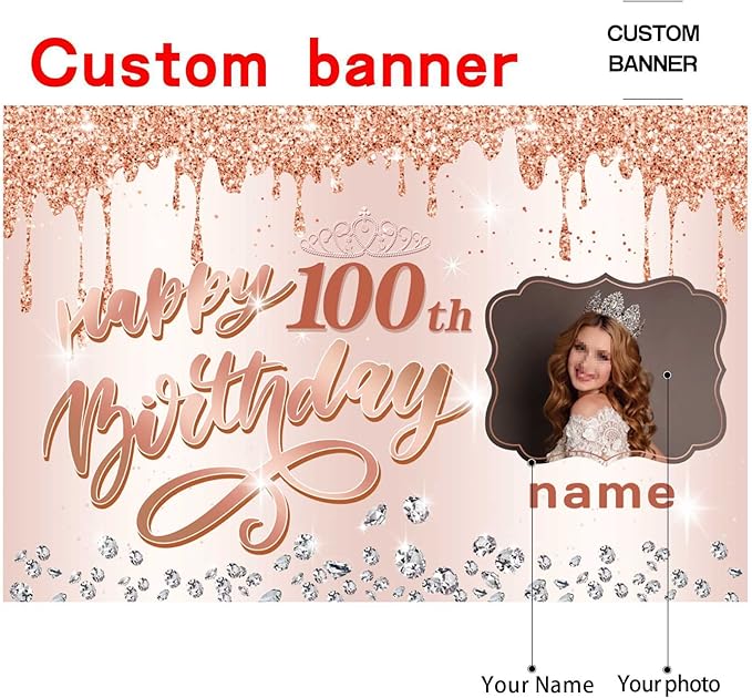 Customizable Rose Gold Happy 100th Birthday Decoration Banner - Personalized with Name and Photo