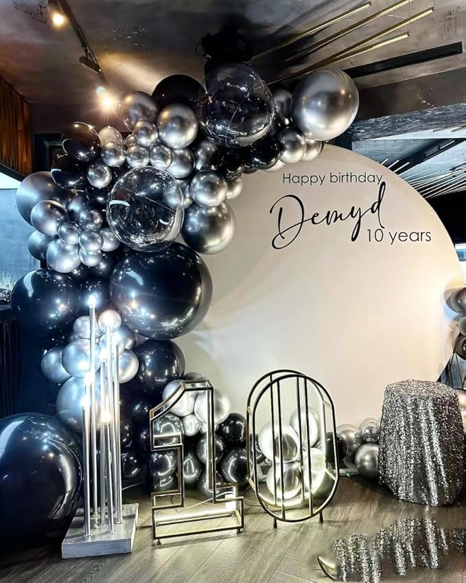MEBAY Black Silver Balloons Garland Arch Kit, 146Pcs Latex Balloons Different Sizes 18 12 10 5 Inch for Party Decorations, Wedding Backdrop, Birthday, Graduation