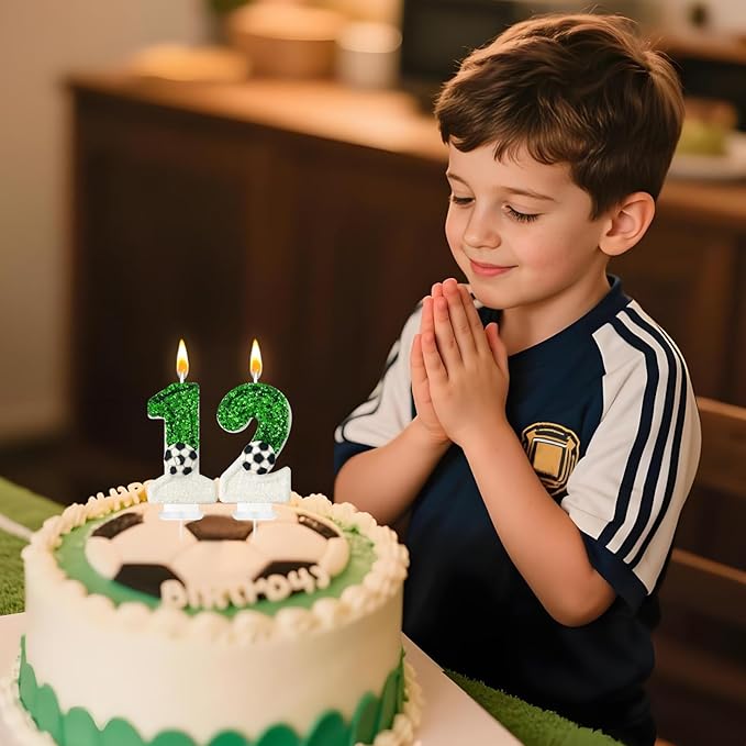 Soccer Birthday Candles Cake Topper for Girl and Boy, Wedding Cakes, Anniversaries, Party Celebrations, Birthday Decorations (Green White, 12)