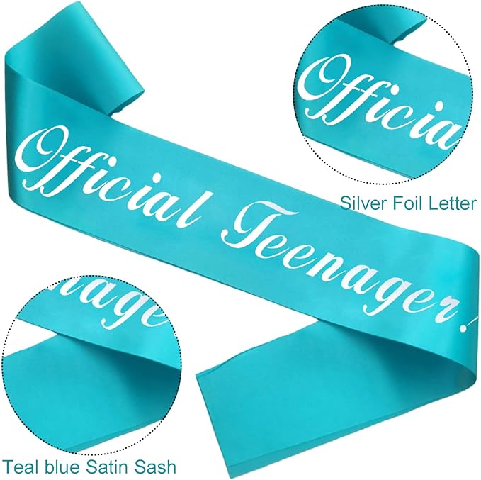 Silver Foil 'Official Teenager' Teal Sash for 13th Birthday Party Decorations & Gifts