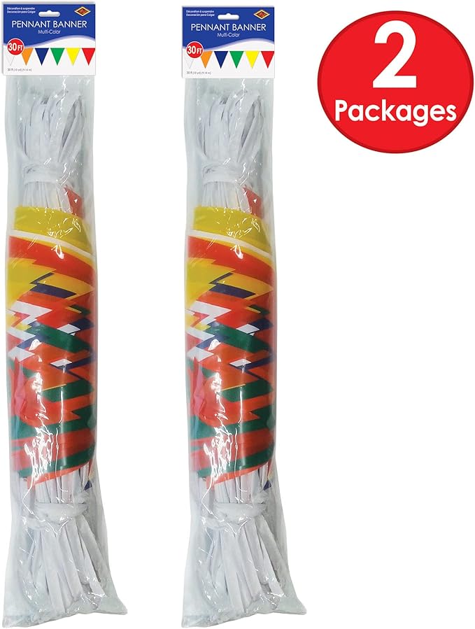 Beistle 2 Piece Indoor/Outdoor Multi-Color Plastic Triange Shaped Pennant Banners For Rainbow Theme, Birthday Party, Classroom Décor, Graduation
