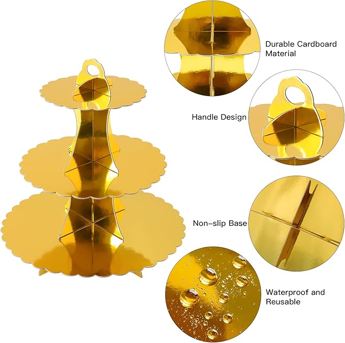 Soleebee 3-Tier Cupcake Stand, Cardboard Cupcake Tower, Dessert Cup Cake Stand Tower for Birthday Wedding Party Decoration, Cupcake Tier Stand 1 Set (Gold)