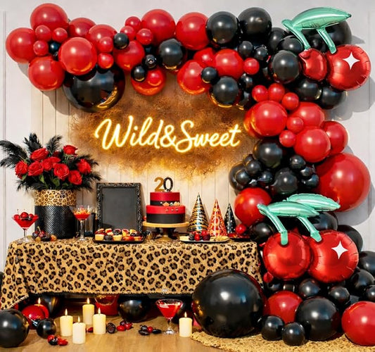 Leopard Cherry Balloon Arch Garland Kit for Red Black Wild Birthday Women Girls Night Disco Retro Glam Bachelorette Party Decoration (Red Black)