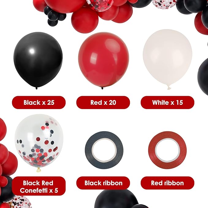 RUBFAC Red and Black Balloons Kit 65pcs 12 Inches with White and Confetti Balloon, Party Balloons for Birthday, Graduation, Stranger Things or Casino Theme Party Decorations