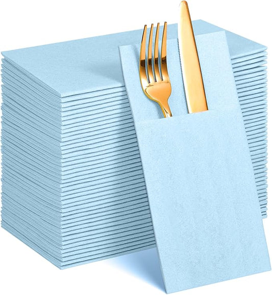 60 Pcs Light Blue Linen-Feel Paper Napkins with Built-in Flatware Pocket, Pocket Linen Napkins Prefolded Cloth Like Paper Napkins Bulk for Silverware Easter Wedding Baby Shower Birthday Bridal Party