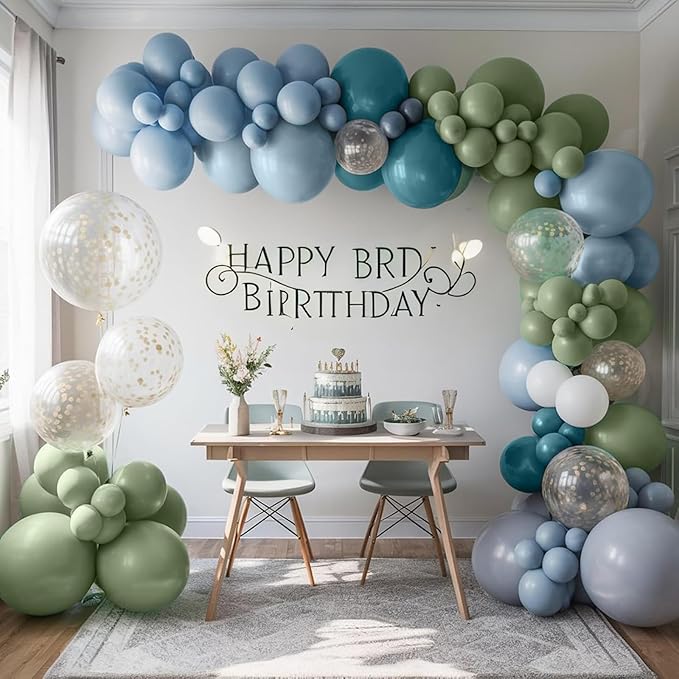 Dusty Blue Balloon Garland Arch Kit, Sage Green Dusty Blue Sand White Gold with Confetti Latex Balloons for Boy Baby Shower Wedding Birthday Party Decorations
