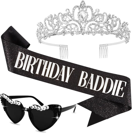 KICOSY 3PCS Birthday Baddie Sash, Crystal Crown and Sunglasses Funny Baddie Outfits Birthday Party Accessories