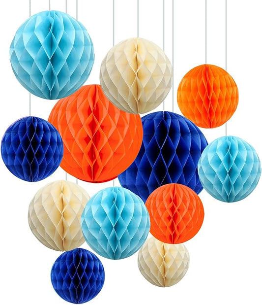 ZOOYOO 12Pcs 6" 10" Honeycomb Balls Decorations Hanging Tissue Paper Pom Poms for Graduation,Birthday,Theme Party Decor (Blue Orange)