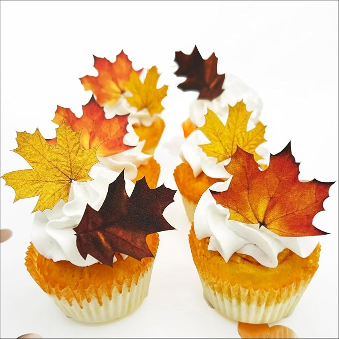 Edible Fall Leaves Assorted Set of 24 - Wafer Cake & Cupcake Toppers - edible fall leaves for cake decorating - fall cupcake toppers