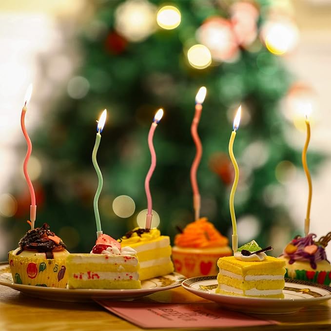 48 Pieces Twisty Birthday Spiral Cake Candles with Holders Long Thin Curly Coil Metallic Cake Cupcake Candles for Birthday Wedding Party Decoration(Colorful)