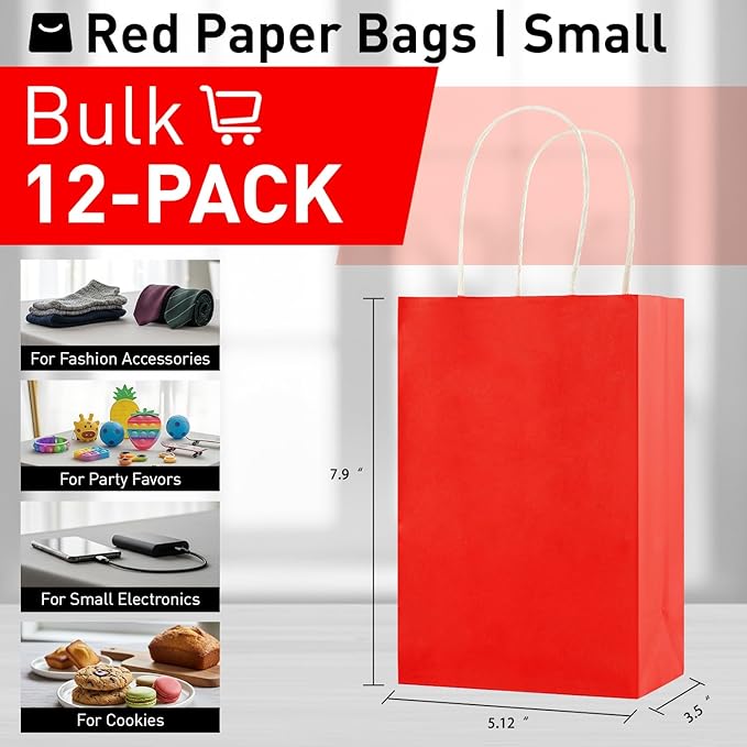 SUNCOLOR 12-Pack Red Gift Bags with Handles, 8 Inch Recyclable Paper Goodie Bags for Birthday Party Favors, Christmas, Valentine's Day, Weddings