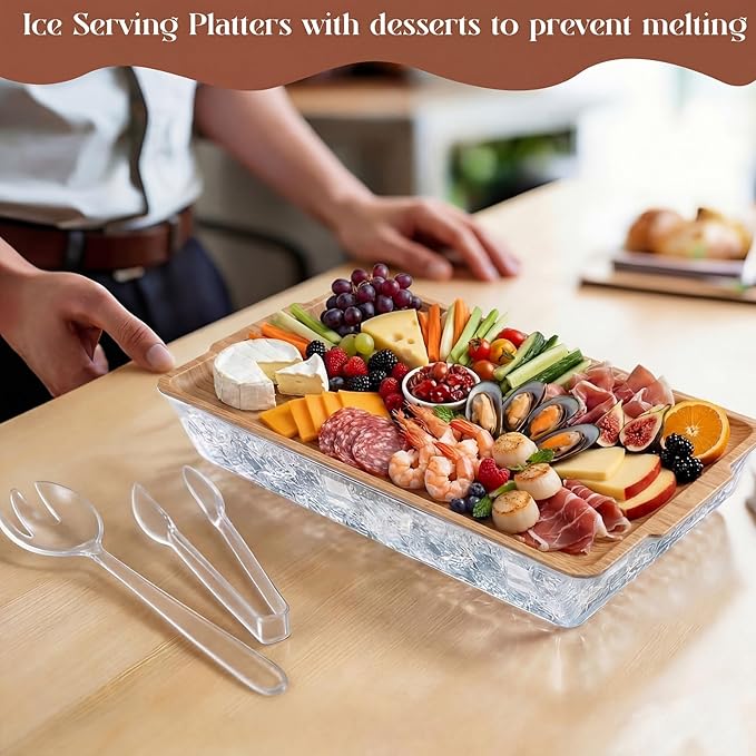 Baderke 1 Set 16" x 9" Chilled Serving Tray for Parties with Compartments Ice Chilled Party Crudite Platter Charcuterie Serving Board Cold Dish Dip Tableware for Seafood Vegetable (Light Wood)