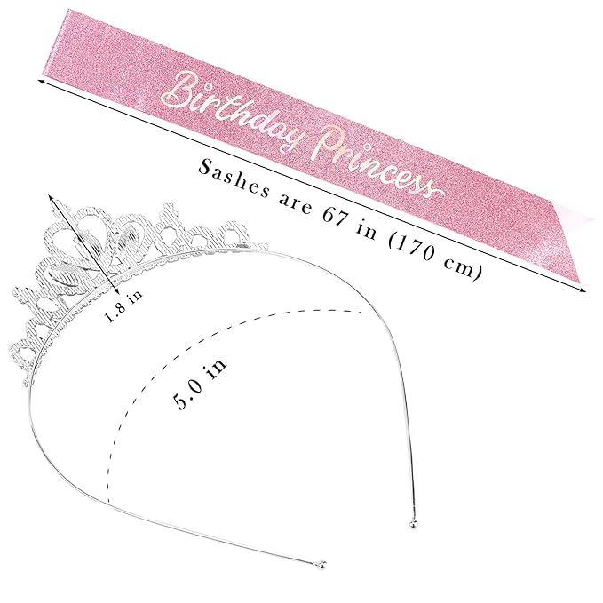 COCIDE Princess Sash and Tiara Set for Girls and Women - Happy Birthday Party Accessories Kit with Pink Crown, Crystal Rhinestone Tiara, Glitter Sash Decorations