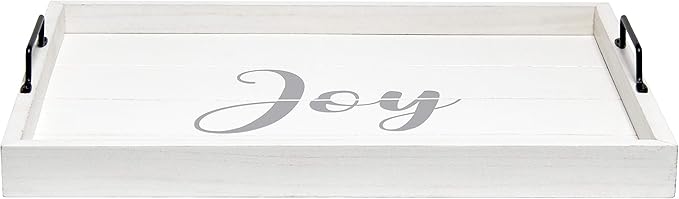 Elegant Designs HG2000-WJY Christmas Decoration 15.50" x 12" Decorative Wood Serving Tray w/Handles, White Wash Joy
