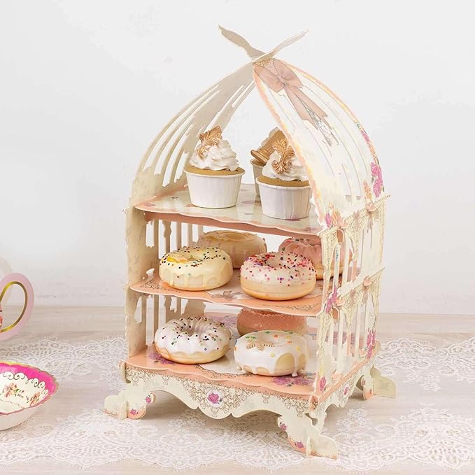 Efavormart 3 Tier White Peach Birdcage Cardboard Cupcake Stand with Floral Print, Cake Display Dessert Holder - 18"