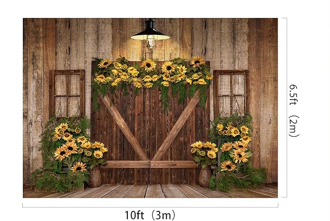 Kate Rustic Wooden Barn Door Backdrop 10x6.5ft Vintage Sunflower Garland Photography Background Country Style Shabby Chic Wall for Birthday Party Baby Shower Wedding Photo Booth Props