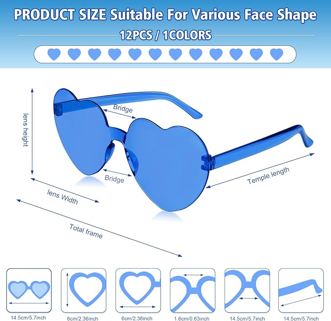 NACHLYNN 24 Pairs Blue Heart Sunglasses for Women Rimless Heart Shaped Sunglasses Candy Color Heart Glasses for Party Favors