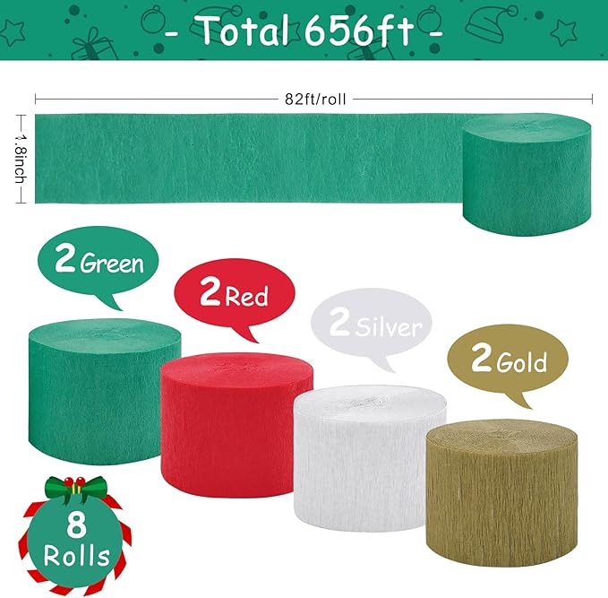 8 Rolls Christmas Crepe Paper Streamers Christmas Party Supplies Red Green White Paper Streamers for Xmas,New Year, Birthday, Graduation Party