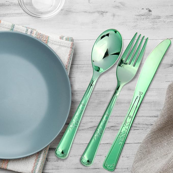 180 Pack Disposable Green Plastic Silverware Contain 60 Forks,60 Spoons,60 Knives, Solid and Durable Plastic Cutlery Utensils Set Perfect for Parties,weddings.