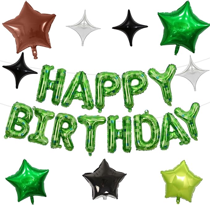 Pixel Happy Birthday Balloon Banner, 16 Inch Pixel Green Foil Letter Balloons with 9 Pcs Star Foil Balloons, 8-Bit Gaming Party Decorations for Boys Girls Themed Birthday, Retro Arcade Party Supplies