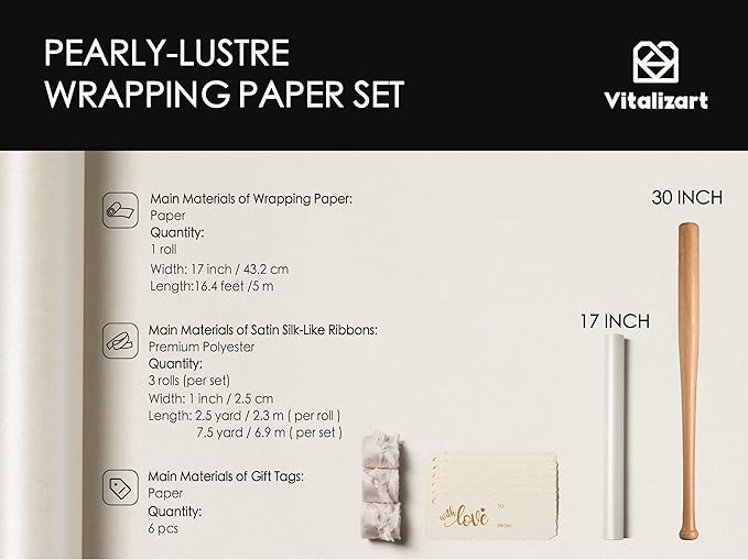 Vitalizart White Wrapping Paper Set 17" Pearly-Lustre With Silk Like Satin Ribbon & Gift Tags Recyclable Christmas Gift Wrapping Birthday Baby Shower Wedding Handmade Crafts 197"(16.4 Ft)