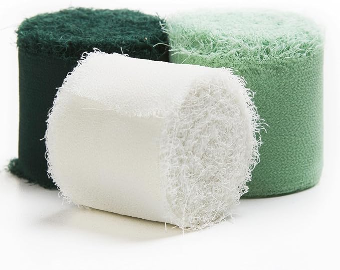 Christmas Ribbon, 3 Rolls Green Chiffon Silk Ribbon for Flower Bouquet, 1 1/2 inch x 7Yd Flower Ribbons for Gift Wrapping, Wedding Invitations, Bridal Bouquets, DIY Crafts, Christmas Decoration