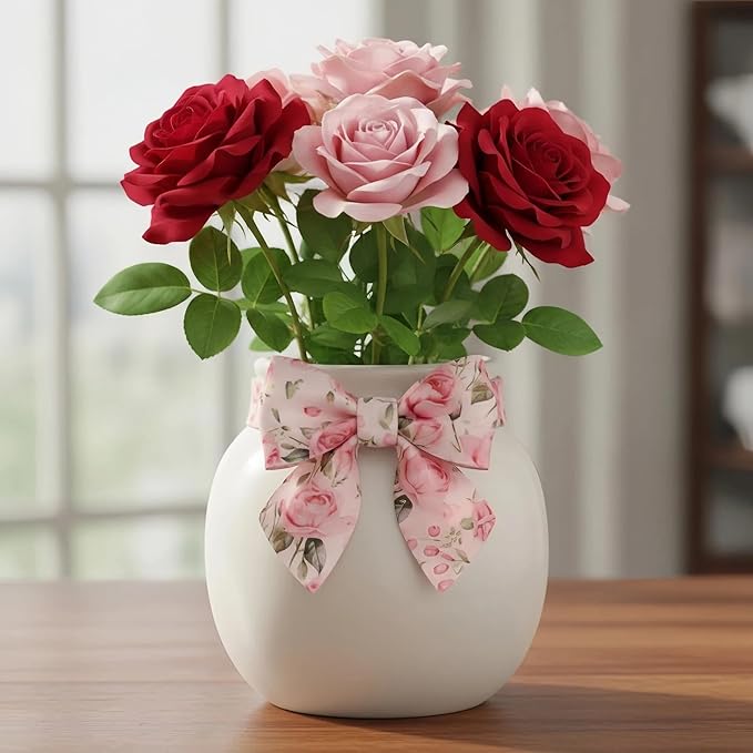 Spring Pink Floral Wired Ribbon, Rose Pattern Decorative Fabric Ribbon with Leaves for DIY Crafts Gift Wrapping Spring Summer Wedding Party Decor, 4 Rolls, 20Yards (Pink)