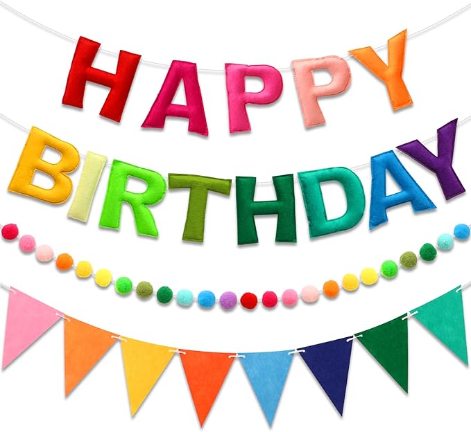Pre-Strung Happy Birthday Banner & Felt Garland Set - Colorful Birthday Decorations for Women Men Boys Girls | Reusable Party Supplies for Indoor & Outdoor