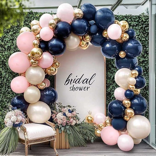 Navy Blue Pink Gold Balloon Arch Kit Double Stuffed Dark Blue, Pastel Light Pale Pink, White Sand Pearl Balloon Garland for Birthday Baby Shower Gender Reveal Wedding Graduation Party Decoration