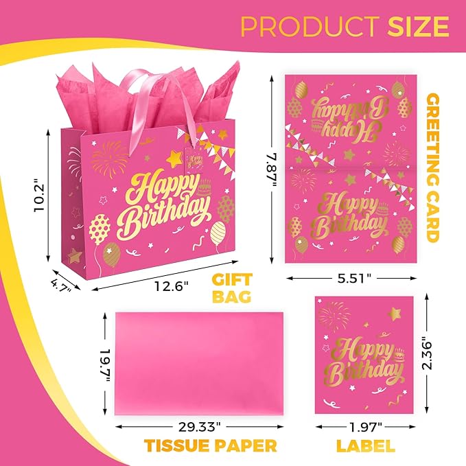 13” Pink Birthday Gift Bag with Tissue Paper and Greeting Card, Happy Birthday Gift Bags for Party, Hot Foil Stamping Design Gift Wrap Bags Decor for Women and Kids, 1 PCS, Medium Size