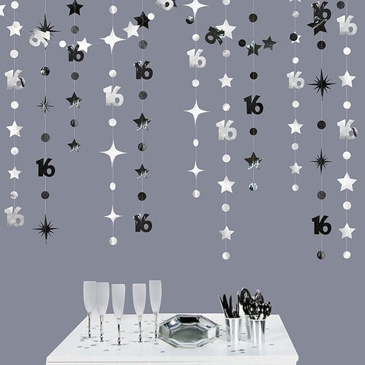 Silver Black 16th Birthday Decorations Number 16 Circle Dot Twinkle Star Garland Banner Backdrop for Girls Boys Happy 16th Birthday Sweet Sixteen 16th Anniversary Cheers to 16 Years Party Decor