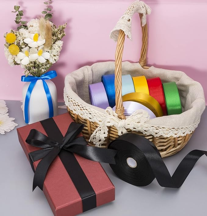 YASEO 1 Inch Black Solid Satin Ribbon, 50 Yards Craft Fabric Ribbon for Gift Wrapping Floral Bouquets Wedding Party Decoration