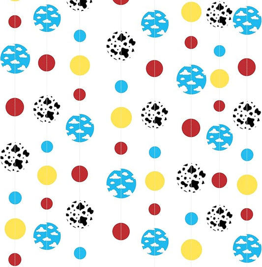 Cartoon Story Party Decorations Blue Yellow Red Circle Dot with Cloud and Cow Print Polka Dots Garland Streamer for Kids Birthday Baby Shower Toy and Story Carnival Theme Party Decorations Supplies