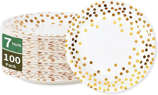 White and Gold Paper Plates,7INCH Gold Dot Dessert Plates,Disposable Party Supplies Suitable for Weddings,Birthdays,Bridal Parties,All Occasions(100 PCS)