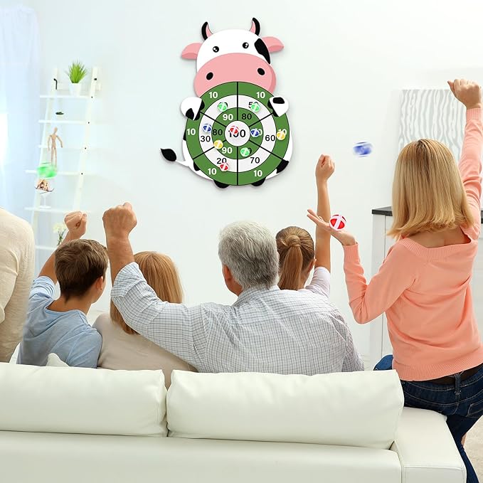 HyDren Cow Dart Party Game Farm Dart Party Favors 31x24 Cow Dart Board with 12 Sticky Balls Toys Farm Game Party Decorations Animal Birthday Party Gift for Indoor Outdoor Game