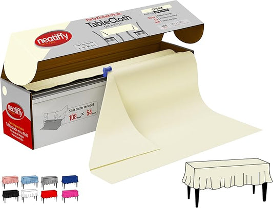 Neatiffy Disposable Plastic Table Cloth Roll | 54 in x 108 Ft Waterproof Tablecloth | Table Cover for Rectangle, Square, Round Oval Tables | Picnic, Party, Banquet, Birthdays, Weddings - Ivory