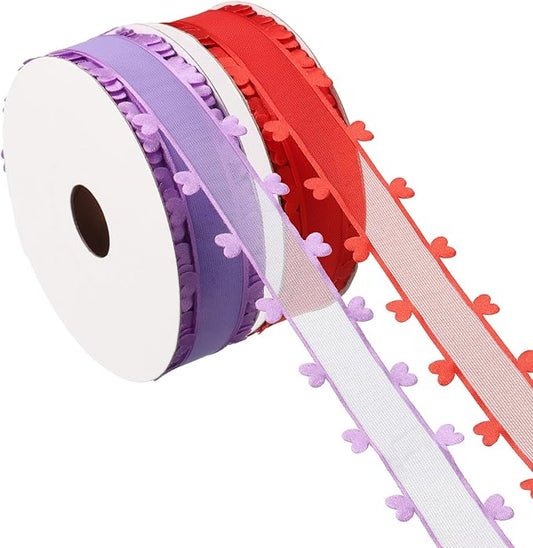 PATIKIL 1 Inch x 20 Yard Organza Chiffon Ribbon Set, Sheer Heart Decorative Ribbon for Valentine's Day Gift Wrapping Wreath Bow Craft DIY Decoration, Red,Purple