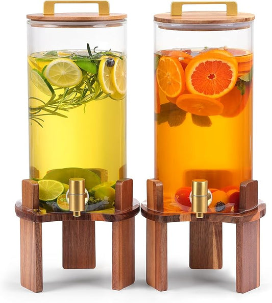 2 PCS 1.5 Gallon Glass Drink Dispenser, Beverage Dispenser With Wood Stand, Lid and Stainless Steel Spigot, Large Water Dispenser for Parties, Perfect for Lemonade, Juice, Tea and Daily Drinks