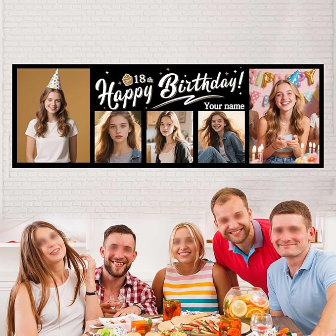 Personalized Birthday Banner with Multi Photo Custom Large Birthday Backdrop Sign with Name Age for Party Decoration(Black)