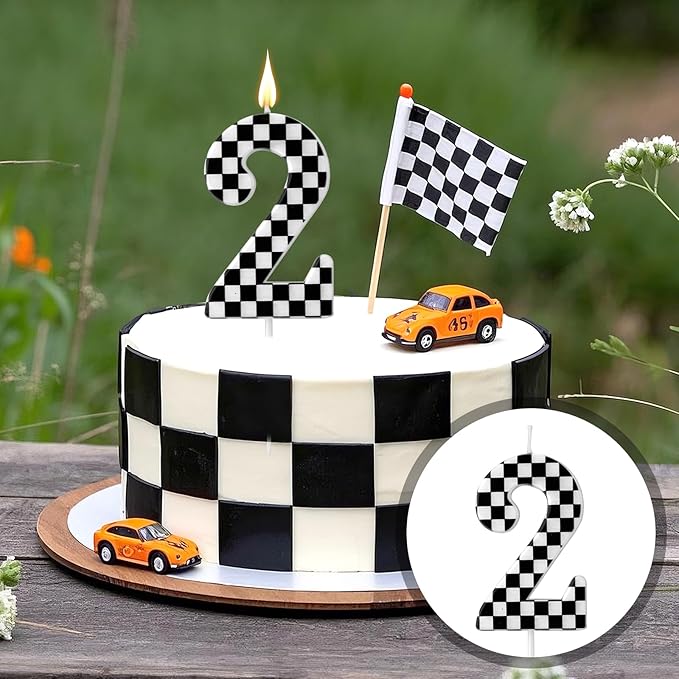 Racing Cars Themed Birthday Candle, Checkered Flag Number Candles Black and White Candles Happy Birthday Cake Topper Party Decorations for Boys Racing Cars Themed Party Supplies (Number 2)