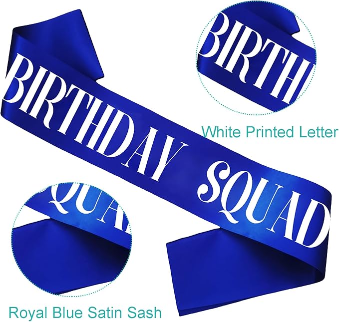 8PCS Birthday Squad Sashes, Royal Blue Birthday Sash Set for Women or Me Funny 16th 18th 21st 30th 40th 50th or Other Bday Party Favors Decorations