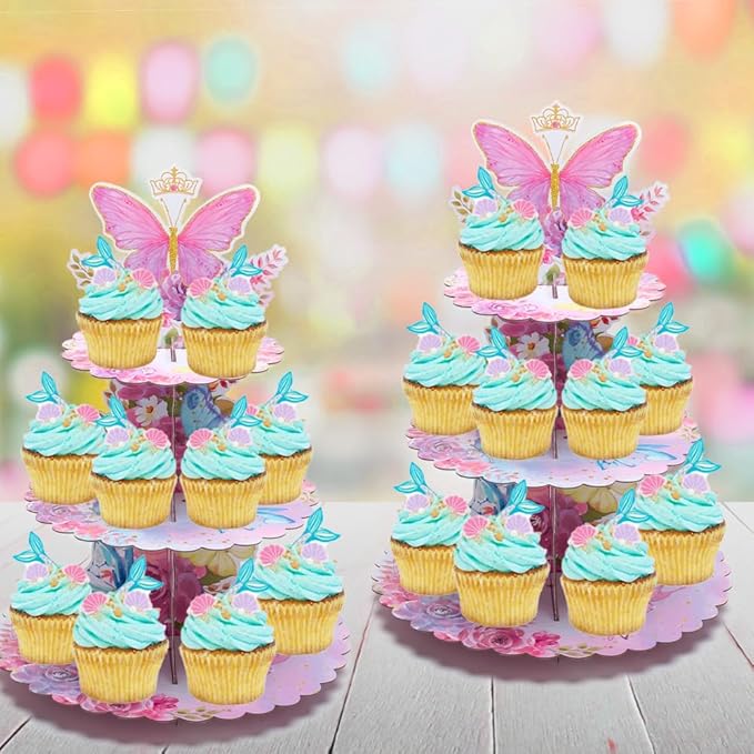 MRPAPA Buttleply 3 Tier Cupcake Tower,Pink Cardboard Cupcake Stand,2PCS Butterfly Cup Cake Holder Thick Paper Dessert Tray for Baby Girls Pink Birthday Baby Shower