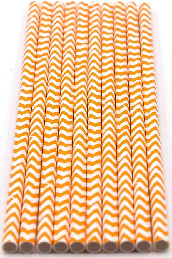 Pack of 150 Orange Chevron Biodegradable 4-Ply Paper Drinking Straws (Compostable, Non-toxic, BPA-free)