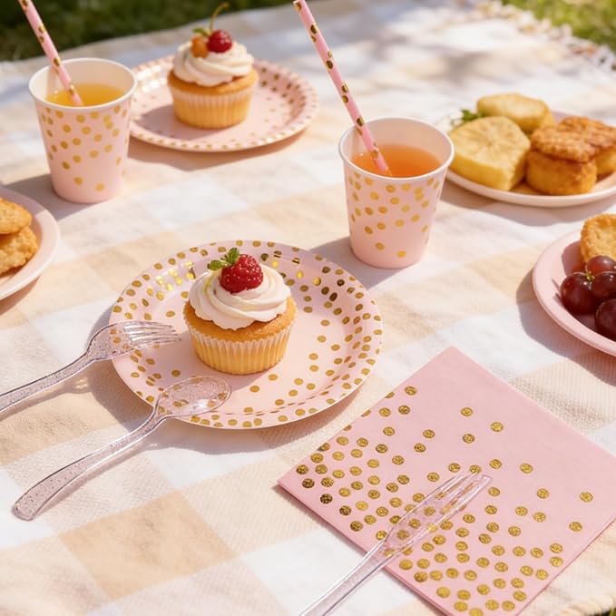 Party Supplies 402pcs Pink & Gold Plates and Napkins Sets - Disposable Dinnerware Sets for 50 Guests with Paper Plates Cups Straws Plastic Cutlery 2 Tablecloths - Bridal Shower Birthday Wedding