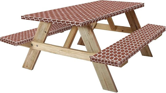 8ft Picnic Table and Bench Cover, Camping Essentials RV Gear, 96 in Waterproof Windproof Outdoor Elastic All Around Tablecloth, Fitted Rectangle Tables and Seats, Coffee-White Moroccan