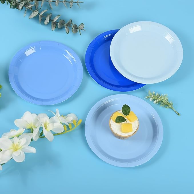 AimFun Blue Gradient Blue Party Plates 7'Disposable Round Dessert Plates for Birthday Wedding Bridal Engagement Baby Shower Party Supplies 48