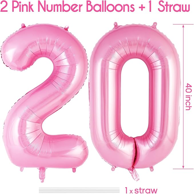 Pink Number 20 Balloon, 40 Inch Big Large Foil Helium Number Balloons, Giant Mylar Number 20 Balloons for 20 Year Old Birthday Party Decorations Supplies Anniversary